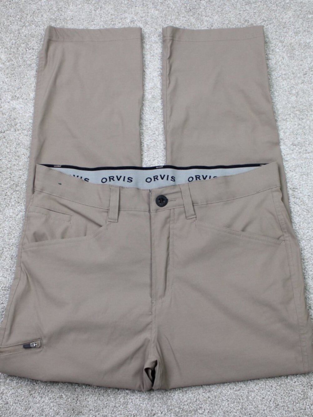 Orvis Trek Pants Men 34x30 Beige Tech Cargo Nylon Stretch Water Resistant Hiking